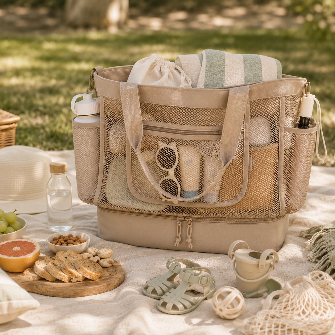 Beige picnic bag with organized items on a blanket outdoors