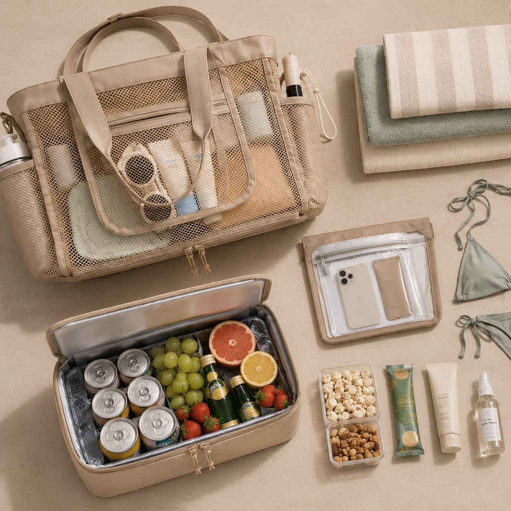 Travel essentials including a bag, swimsuits, and toiletries on a beige surface